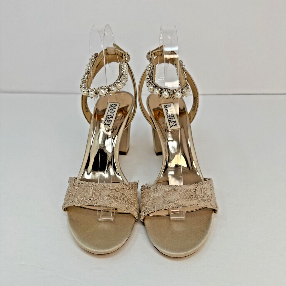 Badgley Mischka Koko Satin Lace Rhinestone Ankle Strap Dress Sandals Heels Sz 7